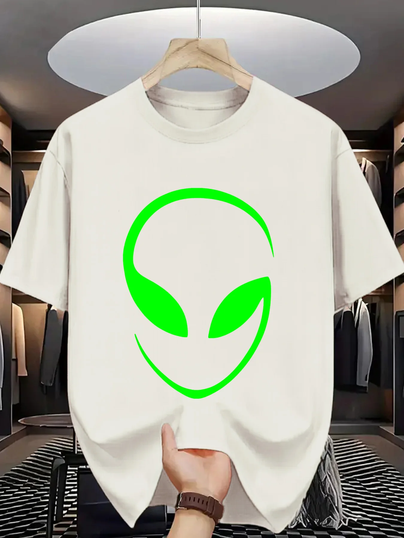 Trendy Men Casual Graphic T-Shirt with Neon Green Alien Print Round Neck Summer Style Machine Washable Summer T-shirt