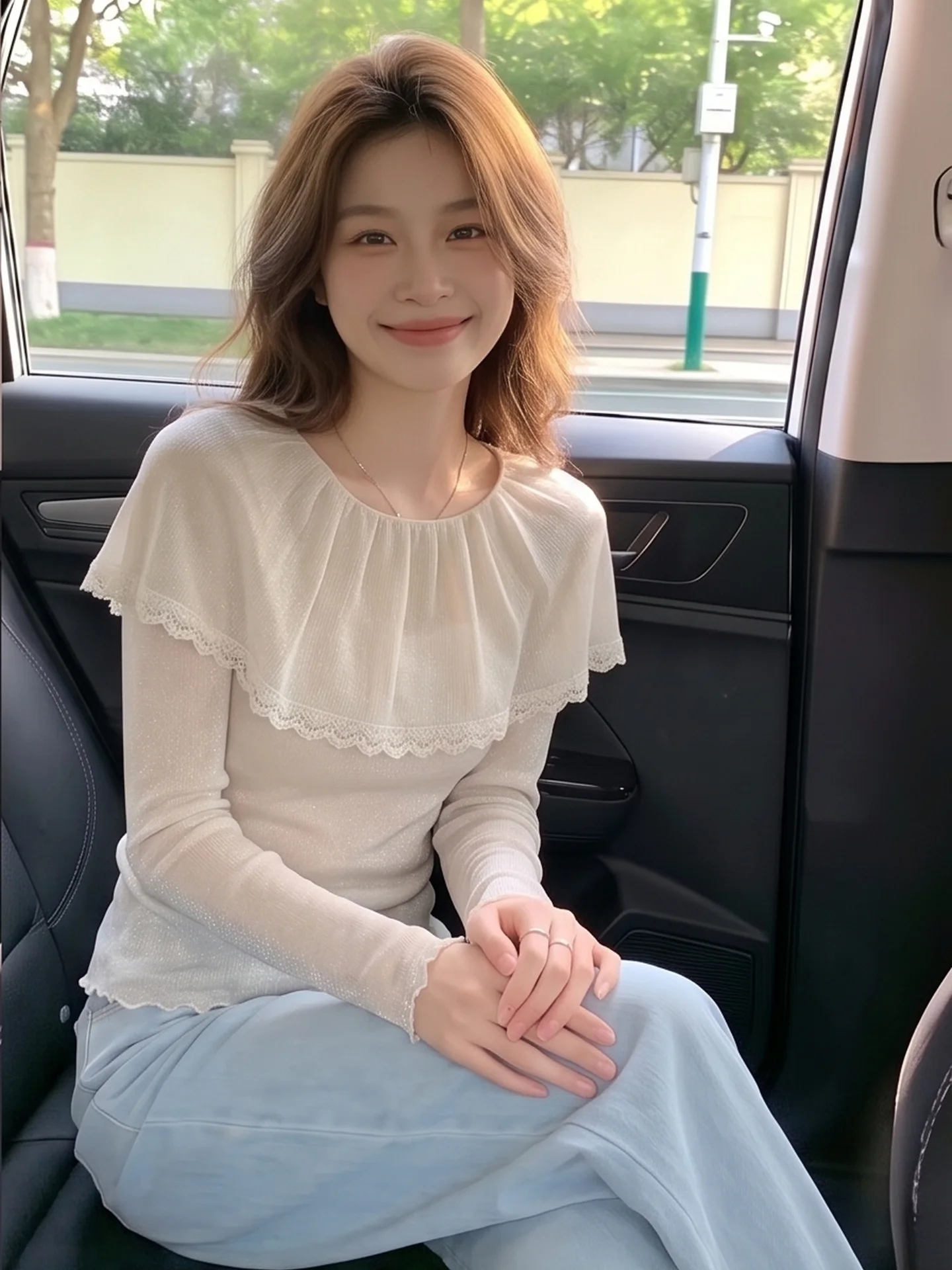 Lace Splice One Shoulder Long Sleeve T-Shirt Women's Slimming Inner Wear Elegant Style Autumn Fashion Commute Style Pure Color