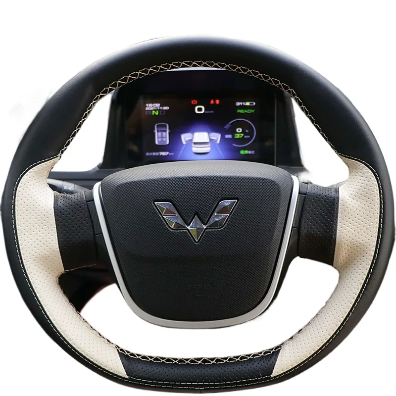 DIY Hand Sewing Steering Wheel Cover for Wuling Hongguang Mini EV S3 PLUS Car Genuine Leather Interior Accessories