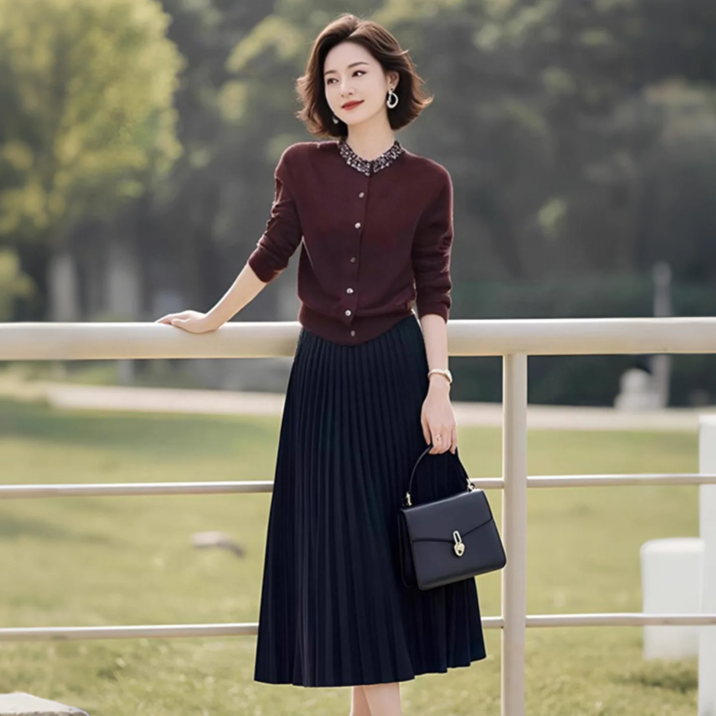 

Модный вязаный комплект с круглой юбкой с высокой талией из бисера и верхней одеждой для женщин Ele Commute Sle