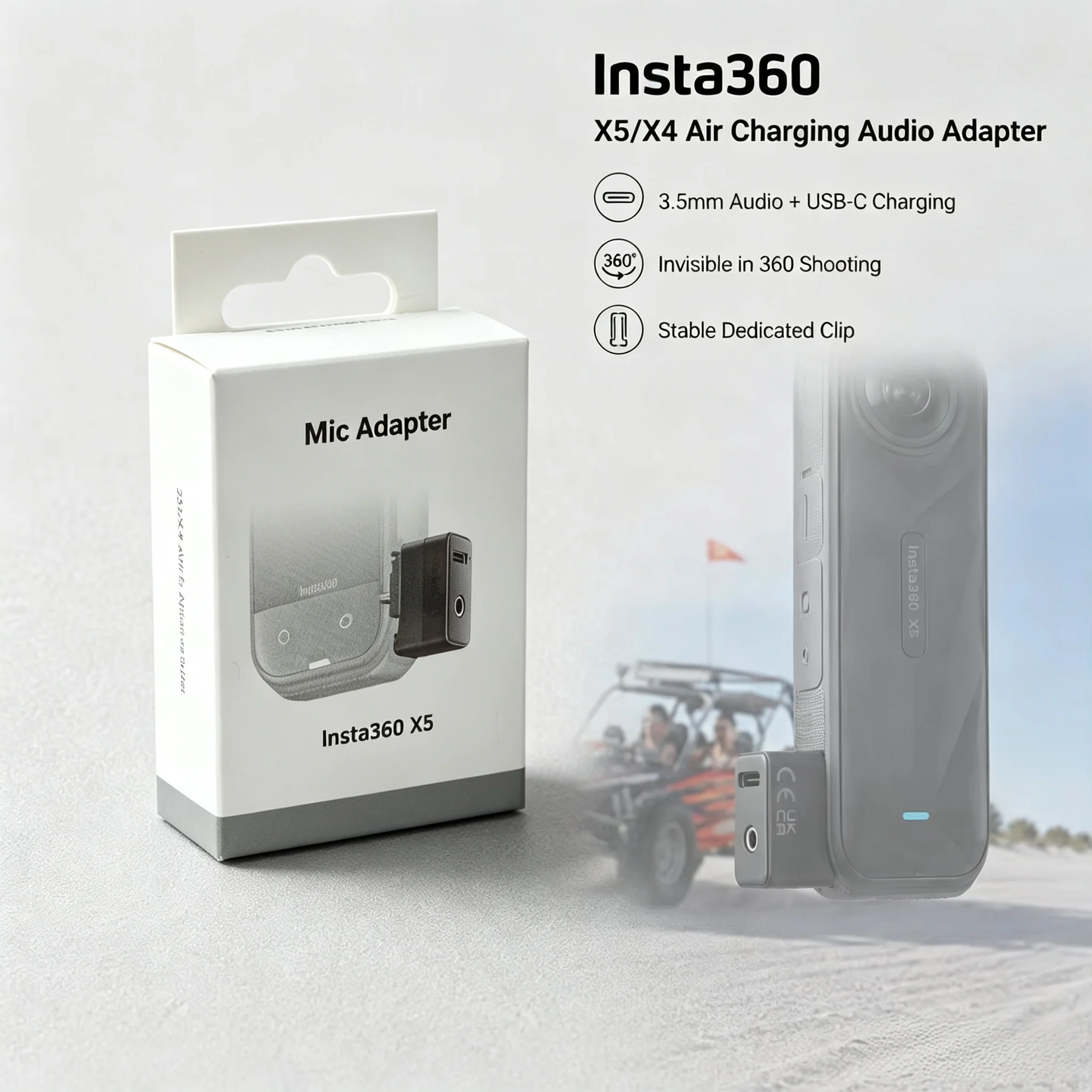 Charging Audio Adapter for Insta360 X5 X4 Air, 3.5mm Mic & USB-C Dual Port Invisible Action Camera Accessory