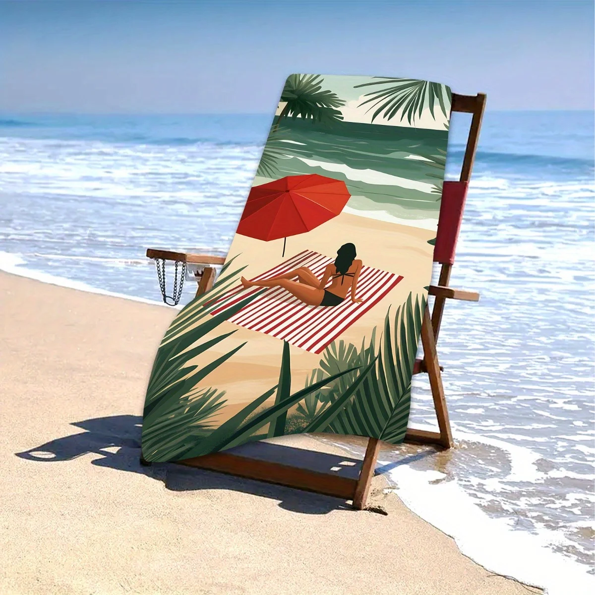 قطعة واحدة من من منشفة الشاطئ المخططة الأنيقة مع مظلة من الشمس - حصيرة بوليستر ناعمة وسريعة الجفاف ومريحة لقضاء عطلة الصيف، مستطيلة حديثة