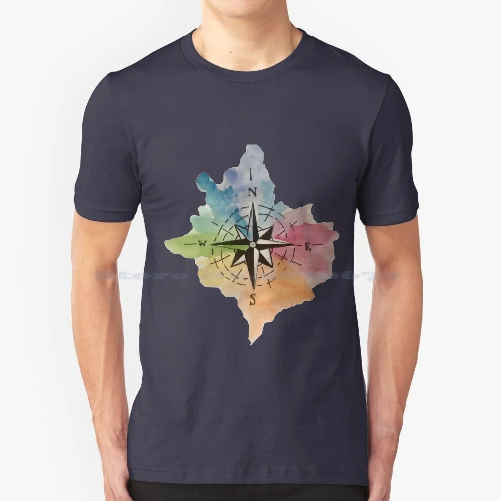 Compass T Shirt 100% Cotton Tee North South West East Watercolor Colorful Modern Contemporary Rainbow Pink Orange Green Blue