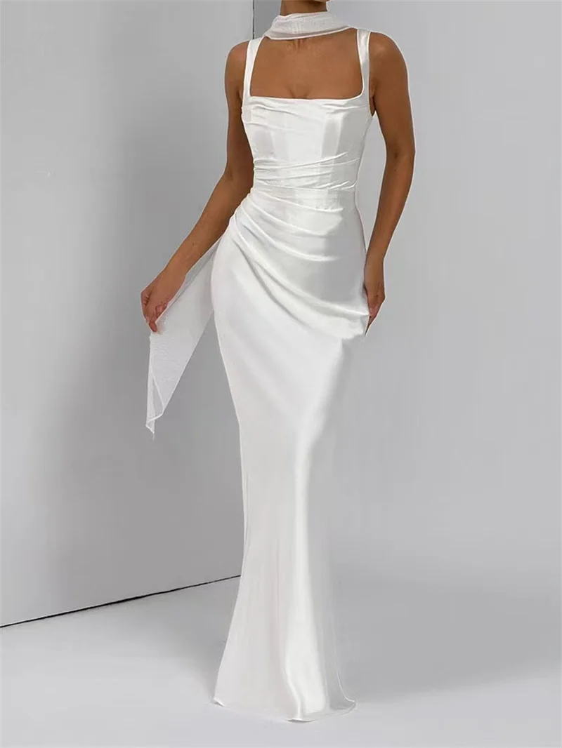 

White Satin Prom Dress With Scarf Sexy Corset Sleeveless Sheath Lace Up Back Formal Wedding Guest Robes Long Party Bridal Gown