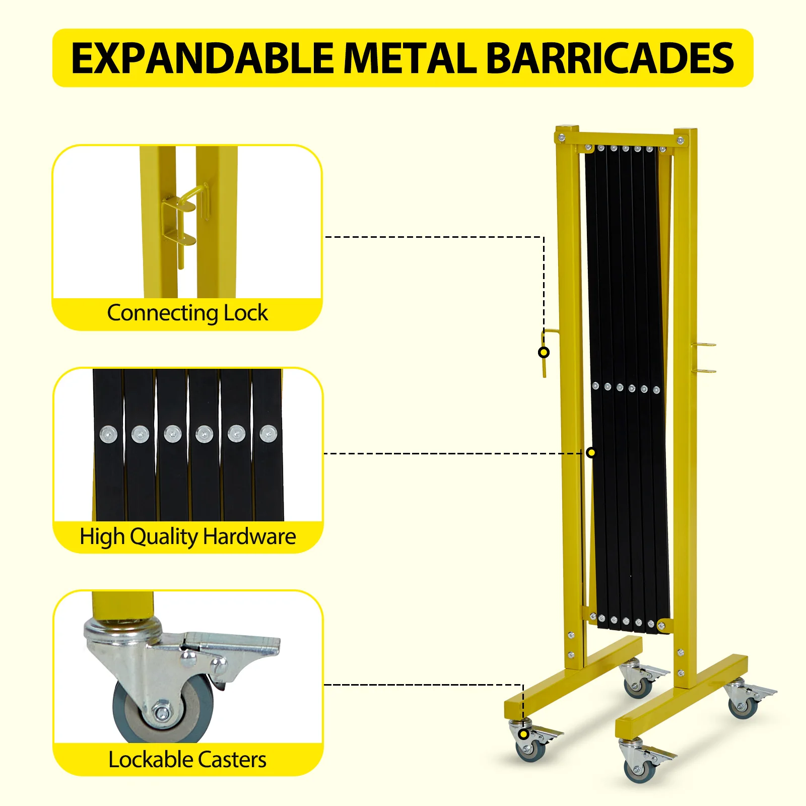 Expandable Metal Barricade with Wheels - 12FT Folding Retractable Security Safety Barrier Gate with Warning Board, Portable Adjustable for Construction Sites, Elevators, Garages - Yellow Black