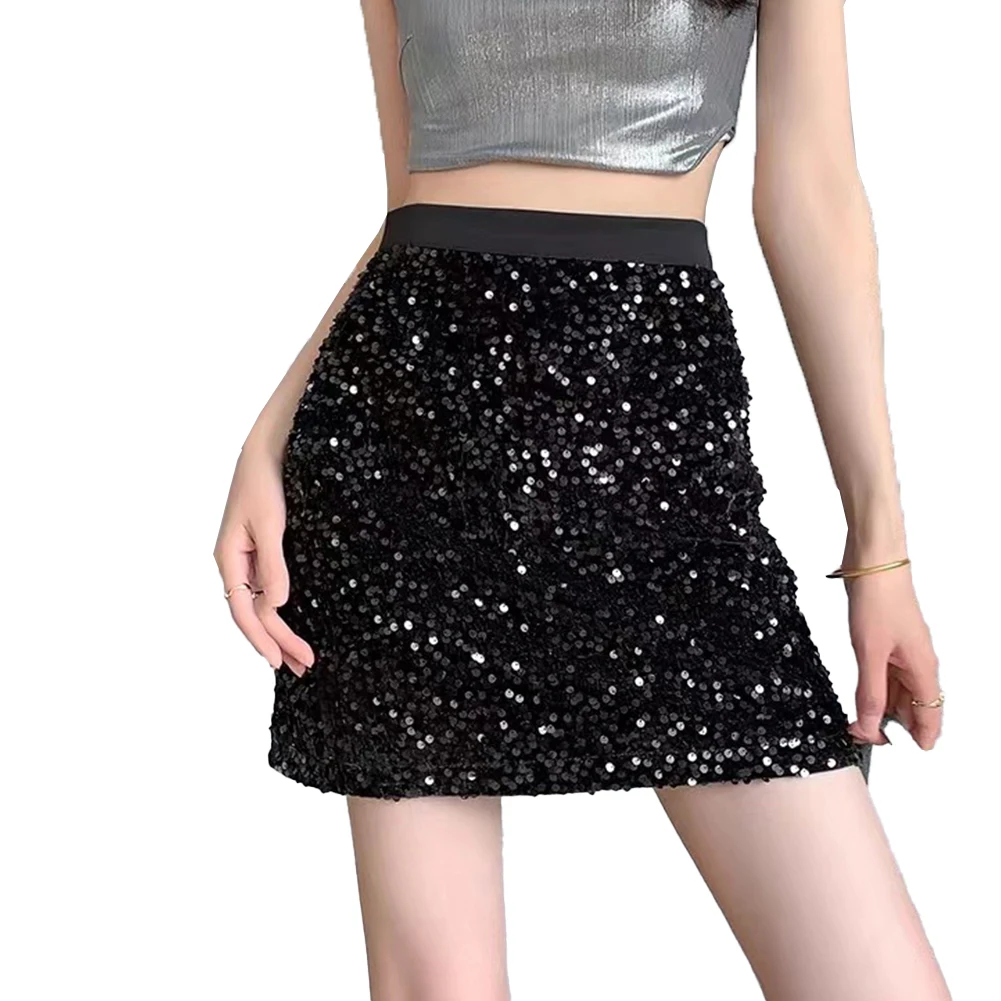 Stylish Comfy Fashion Hot New Short Skirt Sequins Skirt Elegant High Waist Polyester Solid Color Versatile Party