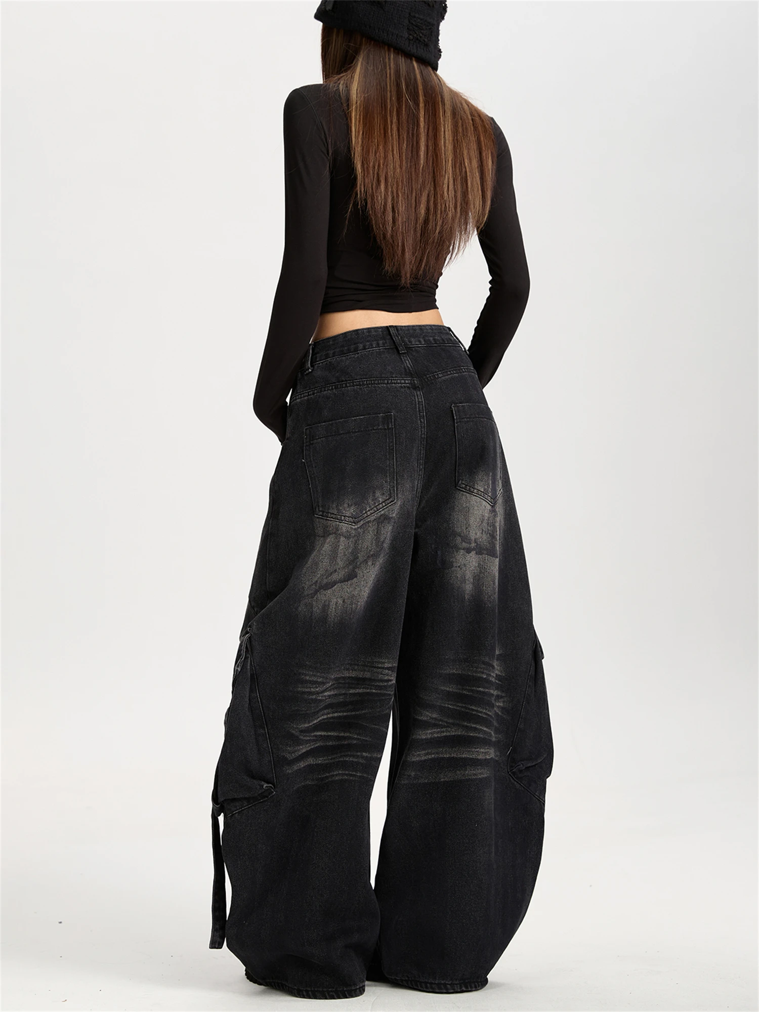 Women's High Waist Wide Leg Black Jeans Vintage Washed Multi-Pocket Cargo Style Gothic Y2K Streetwear Loose Denim Trousers