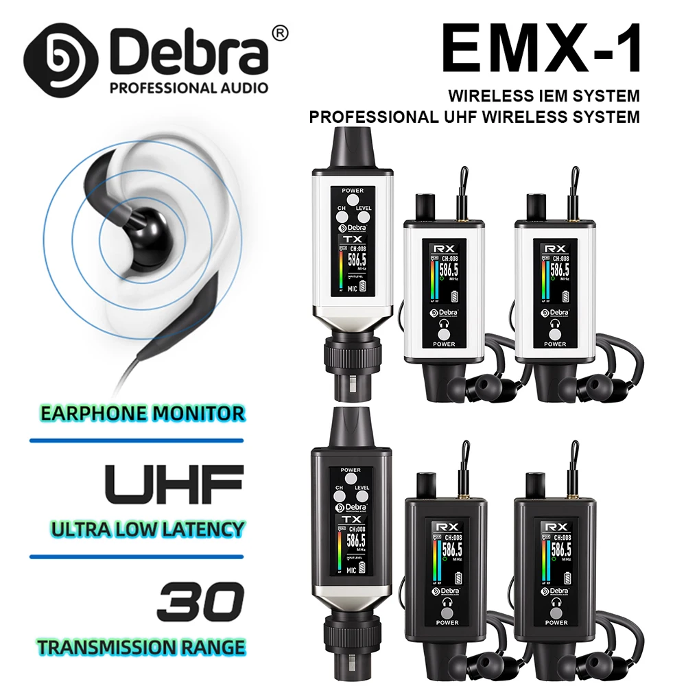 نظام المراقبة اللاسلكي Debra Audio UHF Stereo IEM EMX-1 قابل لإعادة الشحن مع 16 تردد قابل للتعديل على الشاشة