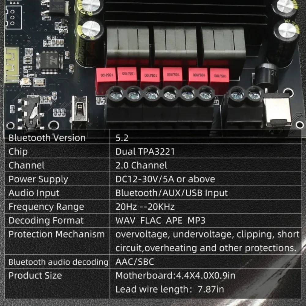 S200HS-W BT 디지털 앰프 보드, 2.1 채널 100W * 2 + 200W 서브우퍼 파워 오디오 스테레오 베이스 AMP, 12-24V