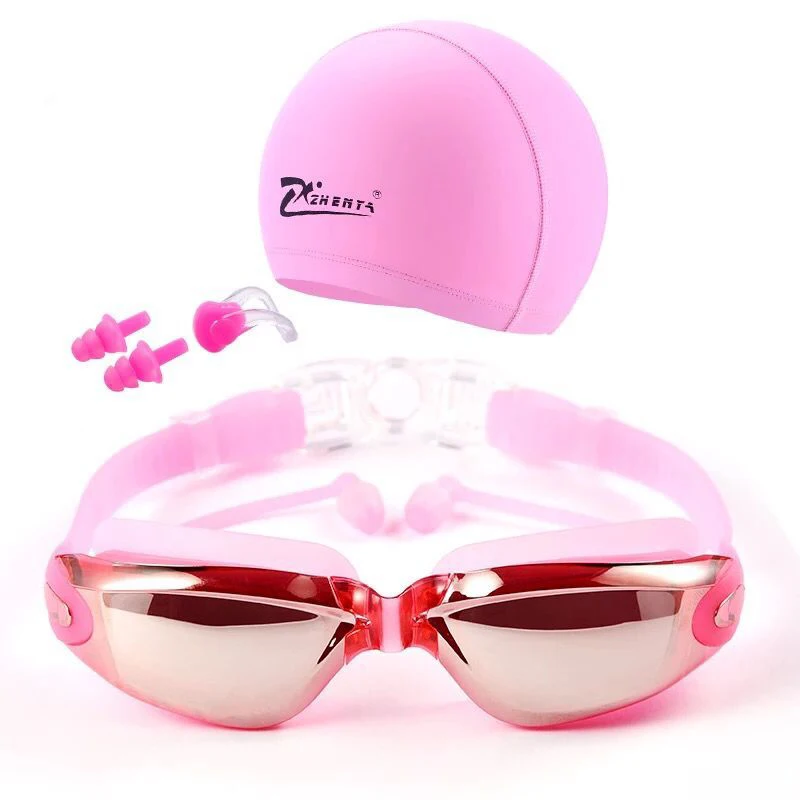 Swim Goggles with Cap Ear Plug Nose Clip Suit Professional Swimming Glasses Anti-fog PU Hat Waterproof Swim Eyewear