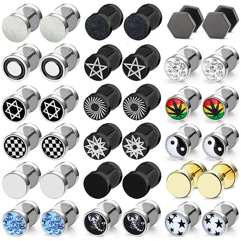 1Pair Stainless Steel Dumbbell Screw Stud Earrings For Men/Women Popular Collection Punk Black Piercings Jewelry Hot Selling