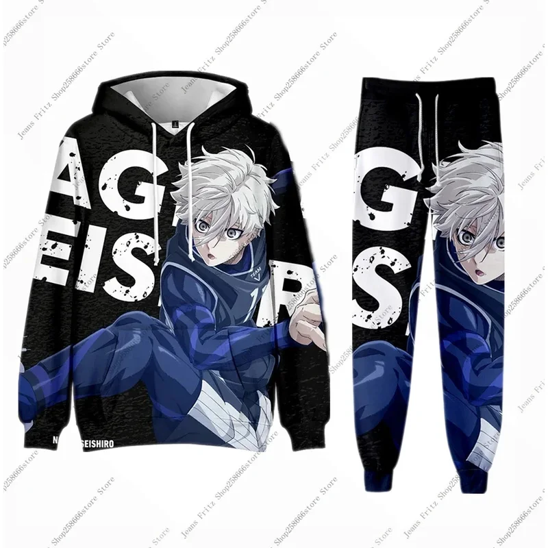 Conjunto de 2 uds de Anime Blue Lock, Sudadera con capucha con estampado 3D, chándal para hombre, conjunto de 2 piezas, ropa deportiva para hombres y mujeres, ropa Unisex, conjuntos para niños