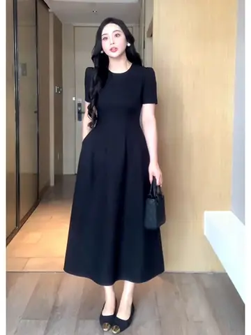 슬림 효과 원피스 우아한 우아한 슬림 효과 허리 조임 반소매 라운드넥 여자용 배 가리는 중간 길이 우산 원피스 드레스 원피스 Best5 슬림 효과 원피스 우아한 우아한 슬림 효과 허리 조임 반소매 라운드넥 여자용 배 가리는 중간 길이 우산 원피스 드레스 원피스 Best5