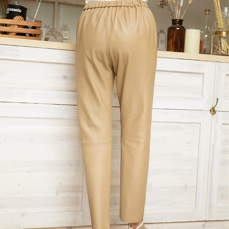 جلد طبيعي سراويلي حريمي ربيع المرأة جلد الغنم عالية الخصر بناطيل كاجوال مرونة الخصر جيب فضفاض الشارع الشهير Pantalones