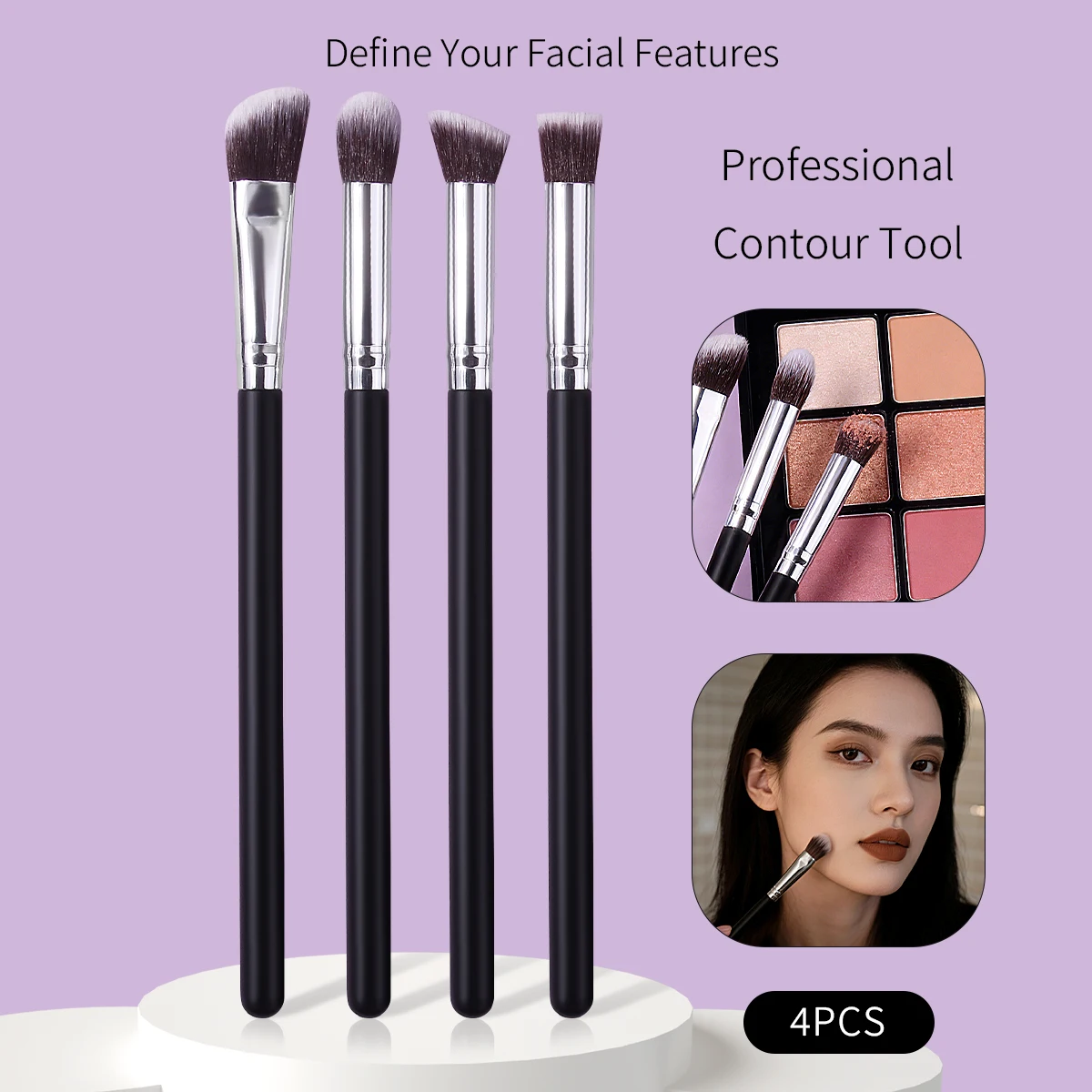 Juego de 4 brochas de maquillaje: brocha angular para contorno, brocha redonda para corrector, brocha para difuminar, brocha para sombras de ojos de cerdas suaves
