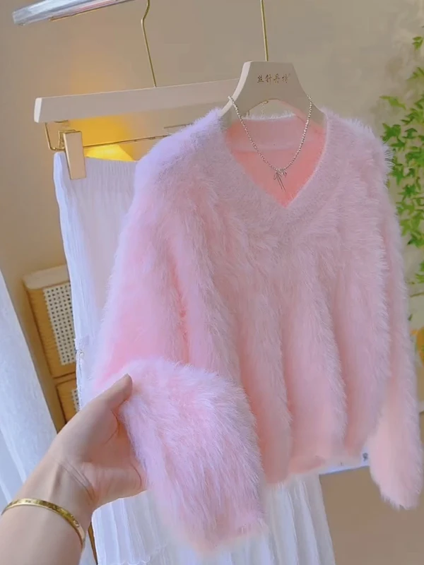 

Korean Sle Simple Soft V-Ne Pullover Furry Knitted Sweater Women Winter Faionable Warm Knitwear Top Straight Cut Long S...