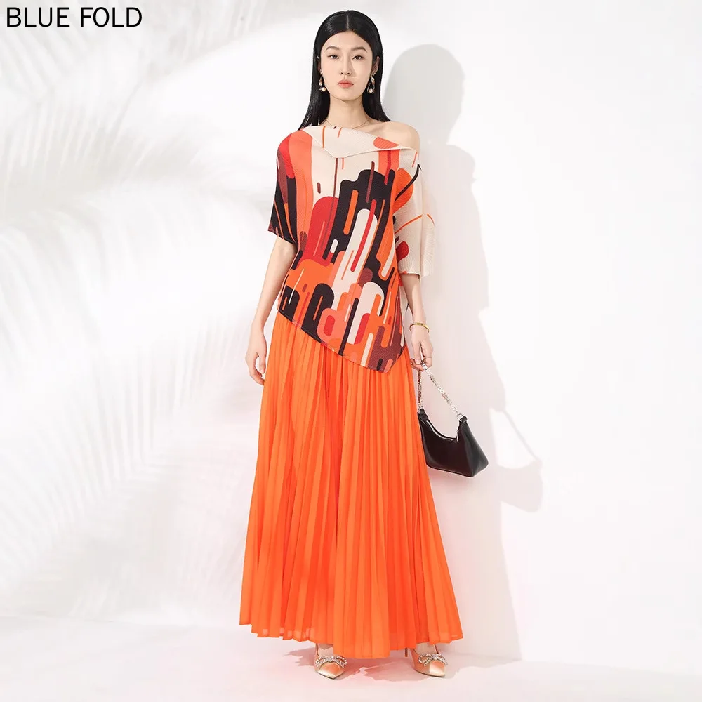 

MIYAKE PLEATS женский модный костюм, блузка с нестандартным воротником с принтом и брюки с высокой талией, свободная одежда больших размеров