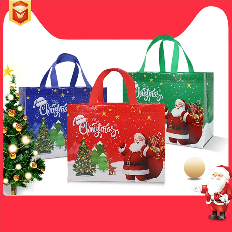 5PCS Print Handbag Christmas Gift Bag Foldable Shopping Bag Beach Bag Folding Storage Bag Cartoon Non Woven Bag Large Capacity