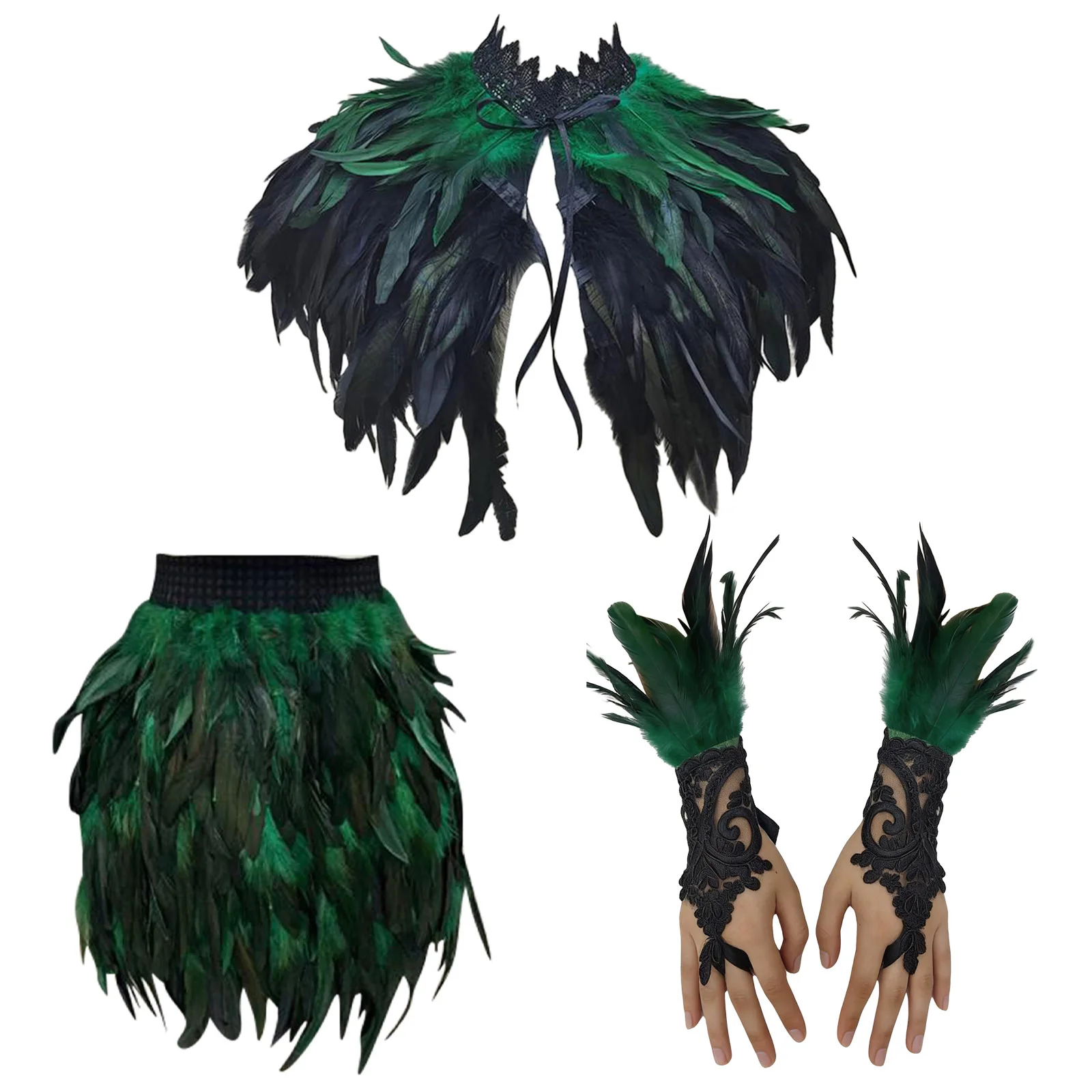 Festival Costume Performance Cape Bracelet Set Fake Collar Party Halloween Cloak Gothic Style Feather Shawl