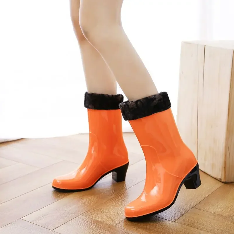 

High Heel Rain Boots for Women Korean Style Mid Calf Waterproof Rubber Boots Anti Slip Soles Fashion Outdoor Shoes