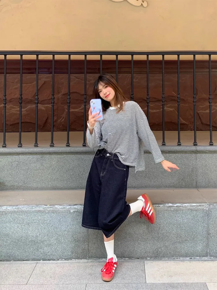 Damskie jeansy z wysokim stanem w stylu amerykańskim, model Sle k Wa, nowość na jesień 2025, plus size, wyszczuplające, proste nogawki, szerokie nogawki.