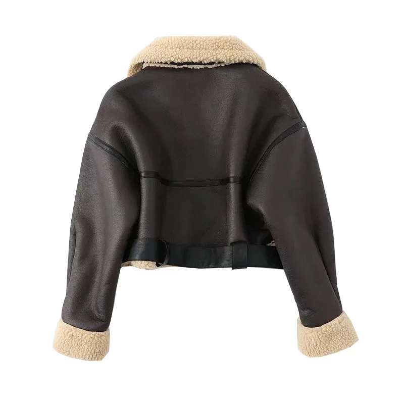 Women Fashion Thick Warm Faux Shearling Jacket Coat  Long Sleeve Belt Hem Female Outerwear Chic Tops