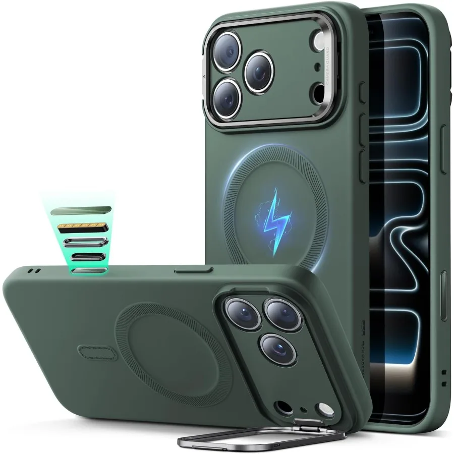 Custodia in silicone per iPhone 17 Pro con supporto per fotocamera integrato e compatibilità MagSafe Protezione anticaduta di livello militare Magneti