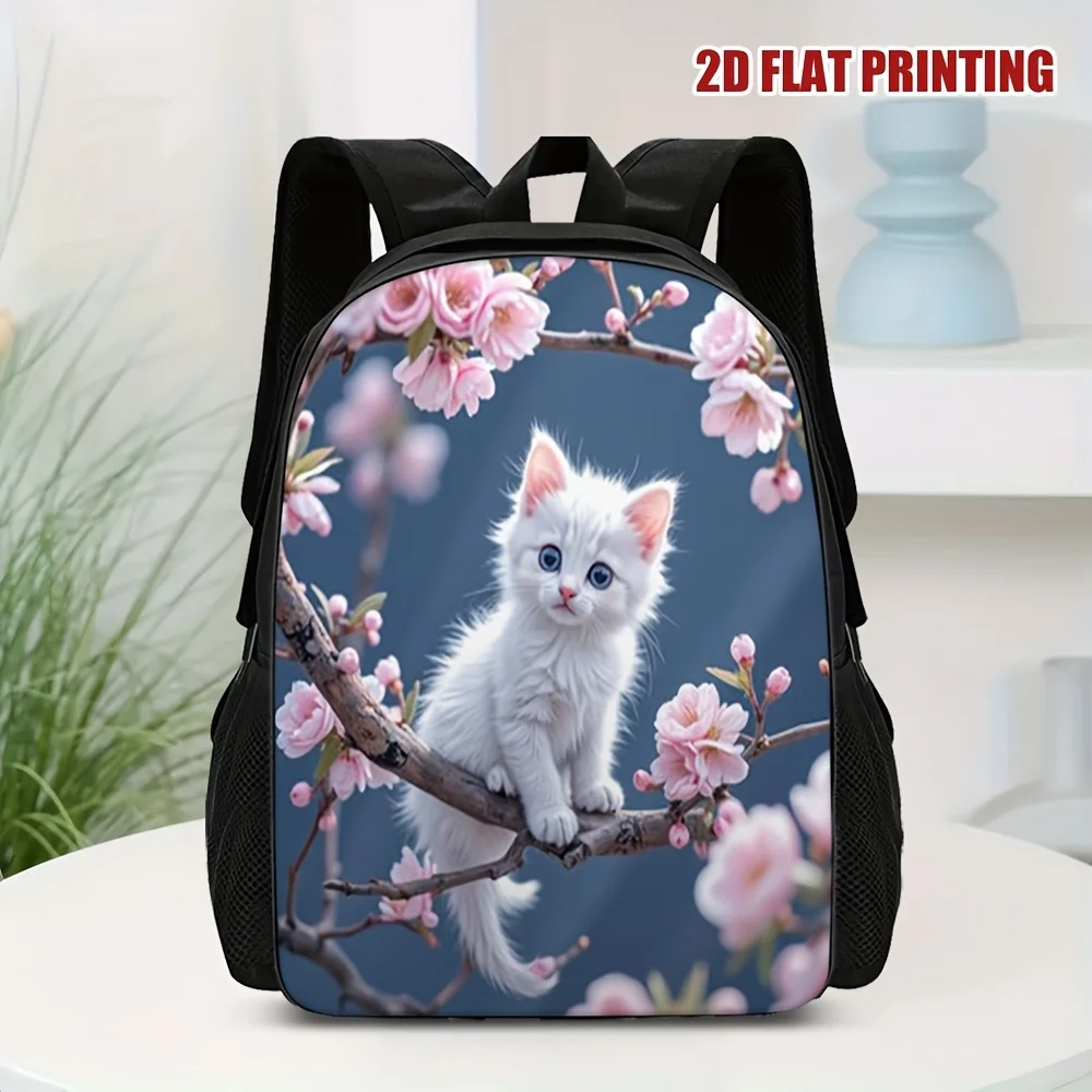 

1 stylish and cute cat cherry blossom tree print backpack - large capacity travel commuter backpack, washable zipper