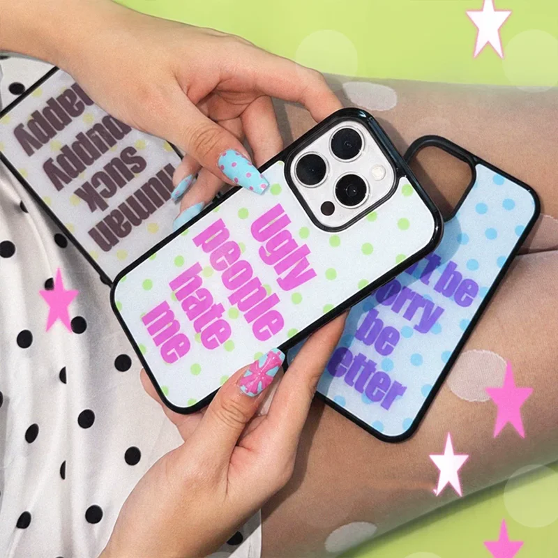 Korean Ins Niche Y2K Blue Wave Dot English Slogan Phone Case For iPhone 17 AIR 16 15 14 13 12 11 PRO MAX 7 8 PLUS Cover