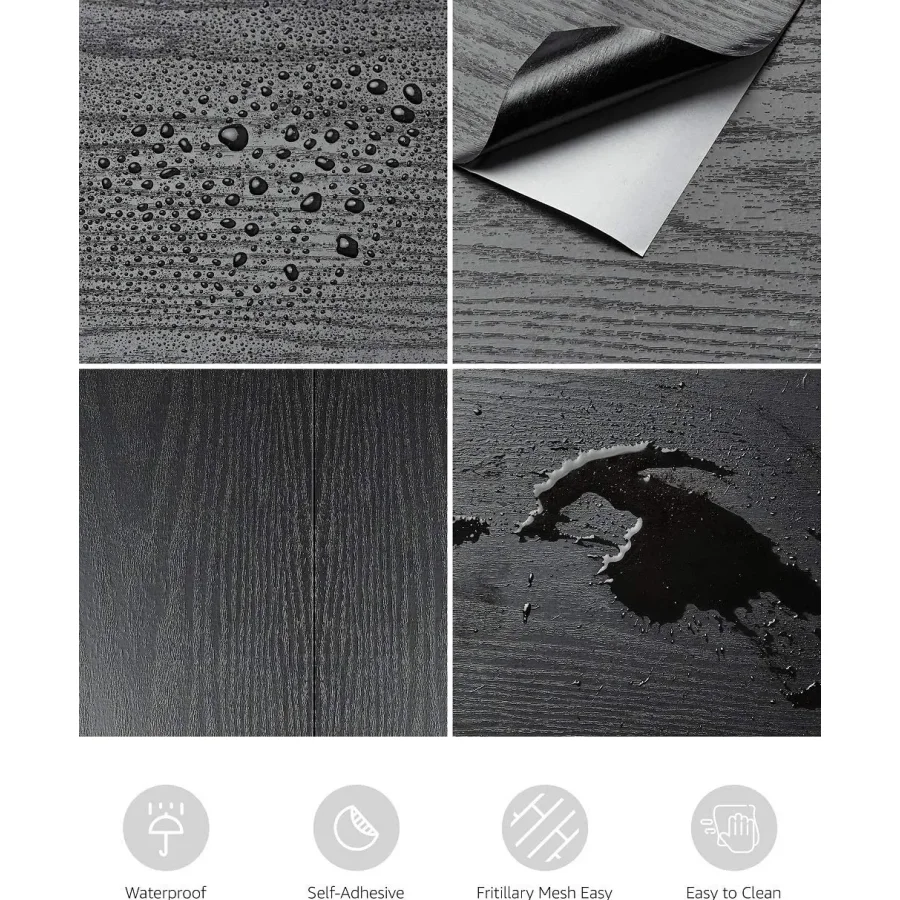 Black Wood Wallpaper - 23.6 Inch Peel and Stick Self Adhesive Wallpaper For Wall Countertop Cabinet Home Decoration Roll