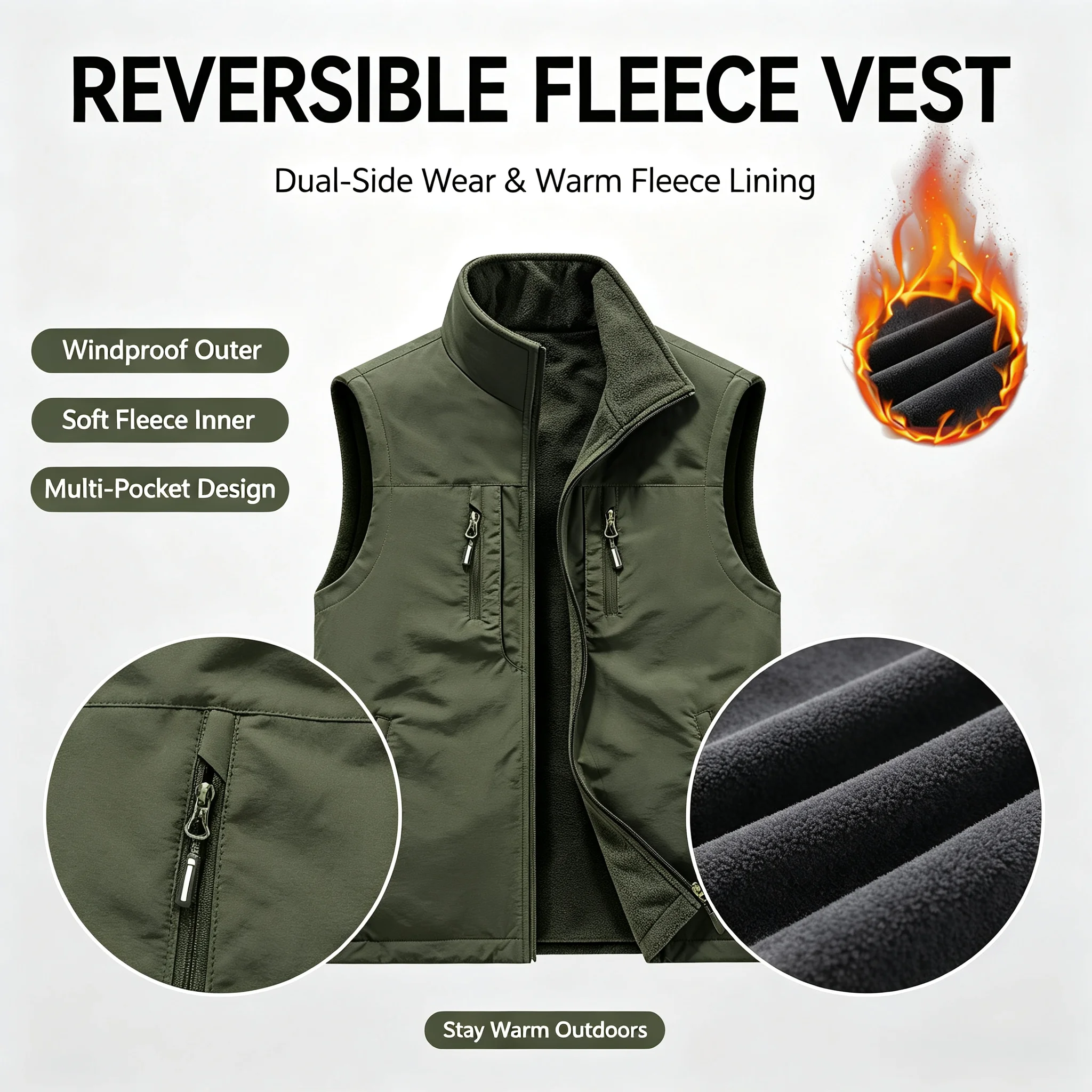 2026 New Men's thickened double-sided polar fleece vest for winter warmth, outdoor casual sleeveless stand-up vest