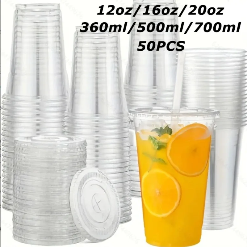 

50PCS Disposable Plastic Cup Transparent Cup with Lid for Coffee Cold Drinks Ice Cream Containers Household Restaurant Party