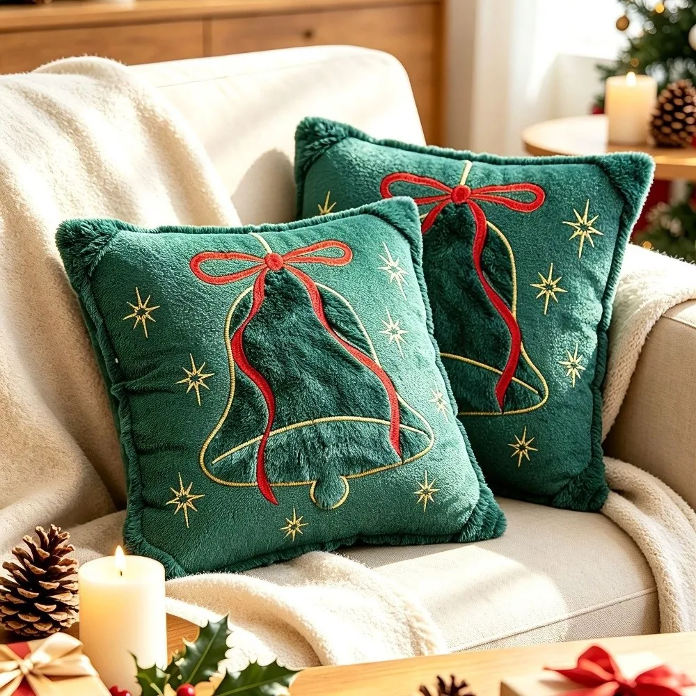 New Christmas Throw Pillow Covers Bell Snowflake Xmas Tree Cushion Covers Green White Embroidered Pillowcase Holiday Party
