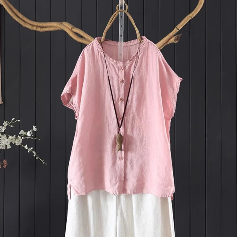 100% leinen Frauen Casual Shirts Neue Ankunft 2025 Sommer Vintage Stil Einfarbig Lose Weibliche Kurzarm Tops Shirts M1776