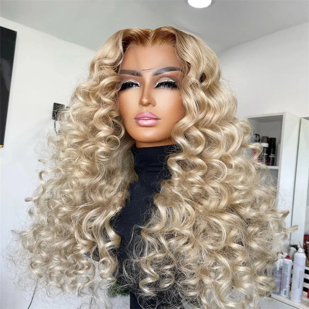 

Синтетический парик Omble Blonde Highlight с длинными кудрями, с кружевной передней частью, с завитками, с центральным пробором, для женщин, термостойкий, для косплея и вечеринок