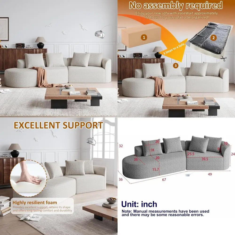 Современный 4-местный изогнутый диван из синели в стиле облаков с 4 подушками, глубокими и широкими сиденьями, готовый к использованию сжатый блок, секционный C