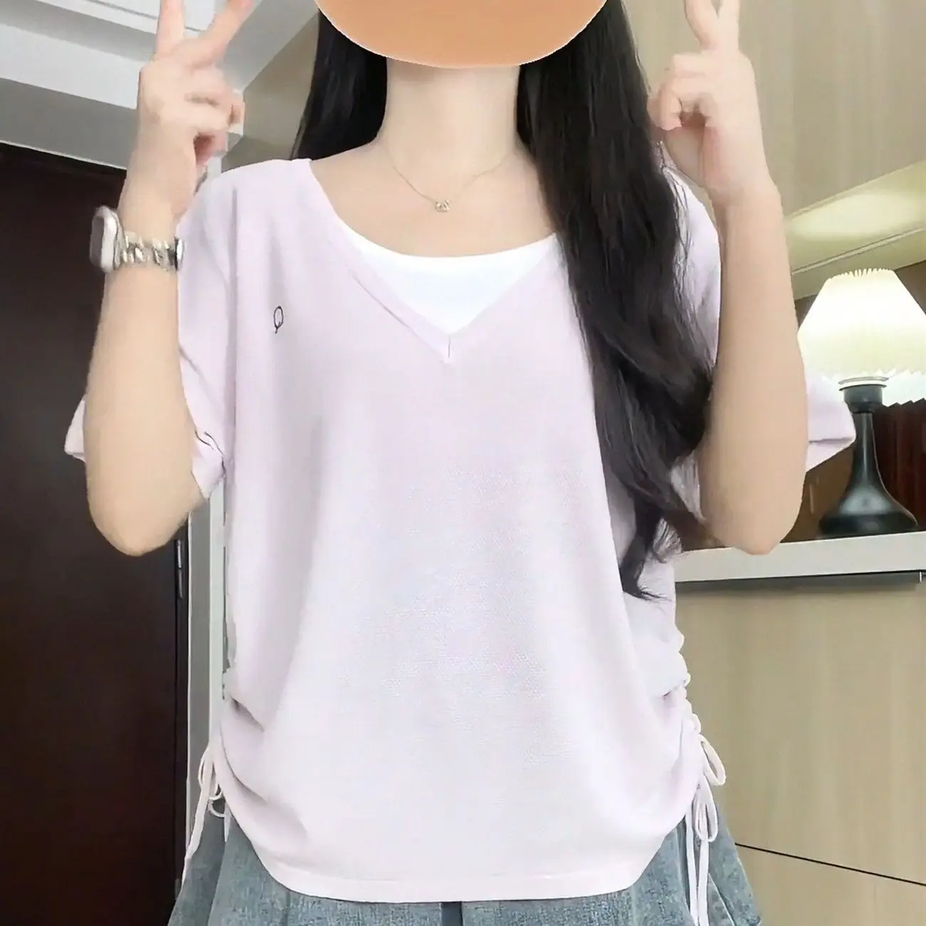 Women's Plus Size Korean Style Fake Two Piece T-shirt Side Drawstring Waist Slim Summer Casual New Short Sleeve Top Pear Shaped