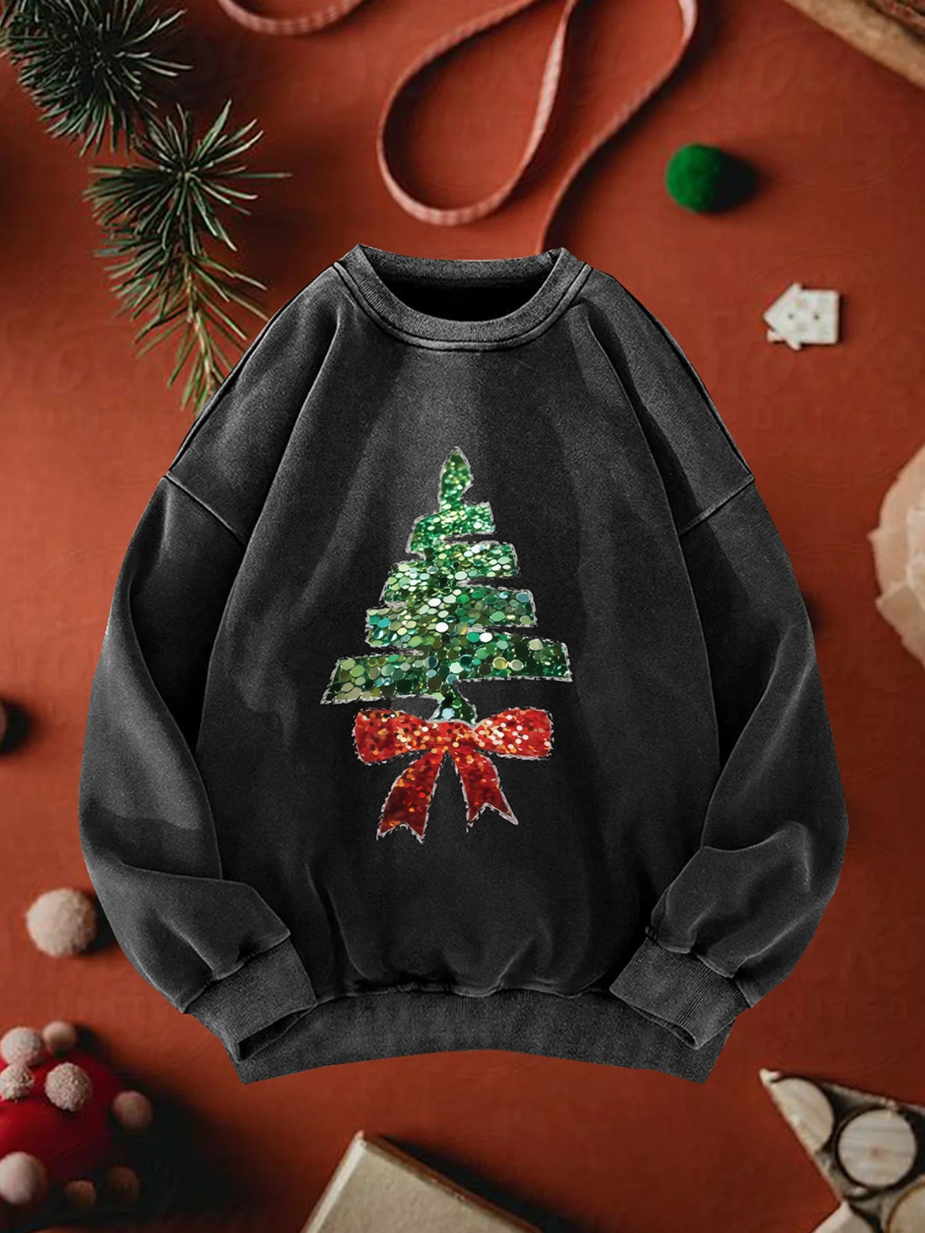 

's Vintage Washed & Distressed Christmas Tree Print Sweatshirt - Sparkling Green & Golden Mosaic-Like Holiday Sweater, Matching