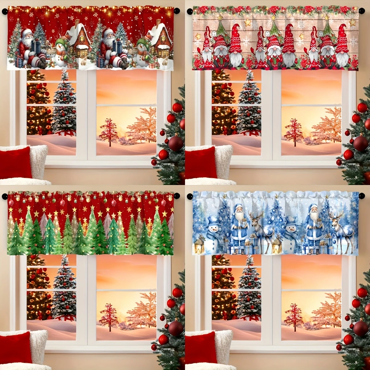 VIKAMA Christmas Curtain Drapery Santa Snowman Pole Bag Short Curtain Bedroom Living Room Drapery Holiday Christmas Decoration
