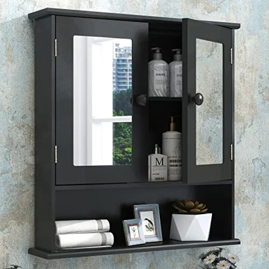 

Black Medicine Cabinet 2 Doors 3 Open Shelf Wall Mounted Wooden Storage Cabinet Over Toilet