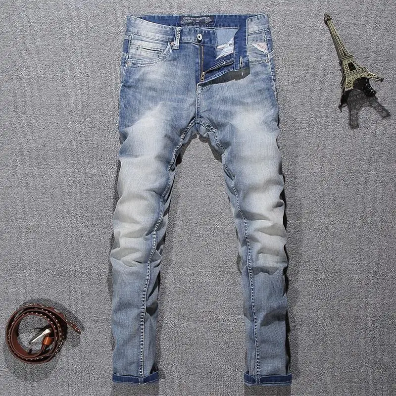 Roupas masculinas outono e inverno azul claro europeu e americano retro jeans magros na moda estiramento fino-ajuste calças retas