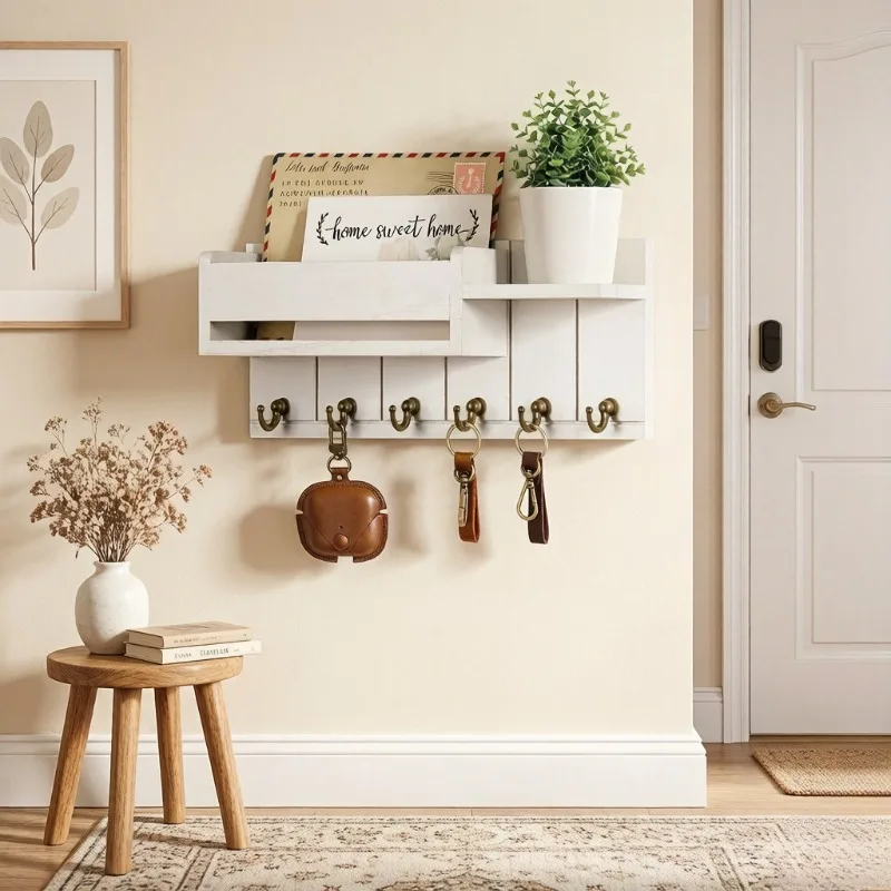 

Деревянная настенная ключница в деревенском стиле с полкой, декоративная вешалка для ключей и органайзер для почты с 6 крючками для ключей для прихожей и гостиной