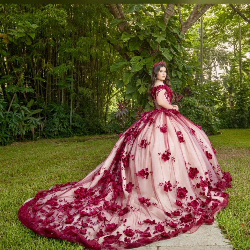 Gaun Quinceañera merah anggur khusus, model off-shoulder dengan hiasan glitter dan bunga 3D, ekor panjang, Vestido 15 Quinceañera