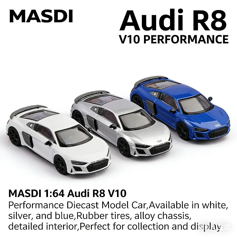 

MASDI 1/64 Модель автомобиля Audi R8 V10, статическая, из сплава, для мальчиков, подарок на праздник, коллекционный предмет для взрослых, украшение.