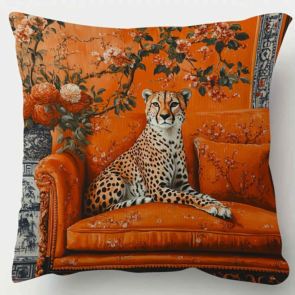 Elegant Cheetah Orange Chinoiserie Decorative Pillow Cover 18x18 Inch Short Plush Double Sided Print Ideal For Sofa