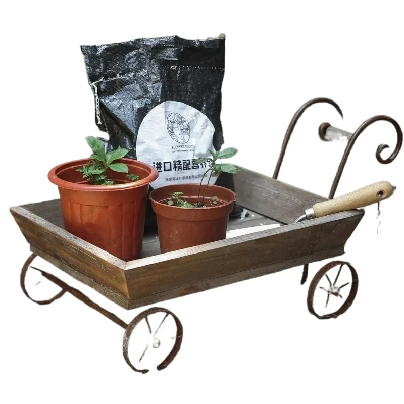 

American Vintage Wooden Flower Cart, Garden Wheelbarrow Decor, Florist Small Trailer, Rustic Flower Pot Decoration.