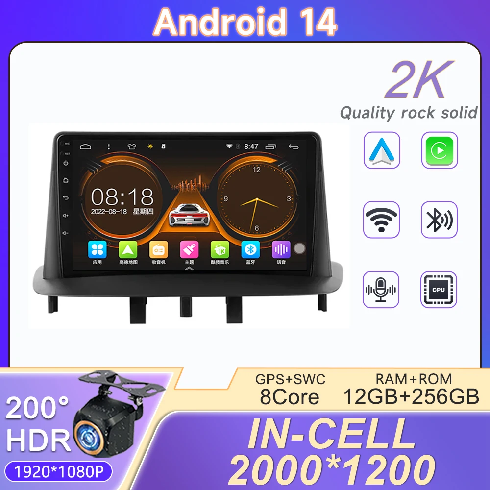 

2 Din Android 14 Car Radio Multimedia video Player For Renault Megane 3 Fluence 2008 - 2014 Navigation GPS Carplay Auto DVD RDS