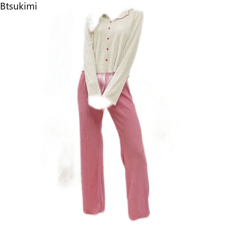 2025 Spring Autumn New Pajama Women's Set Elegant Temperament Collar Buckle Short Sleeve Pants Two Piece Set Home Wear Outerwear