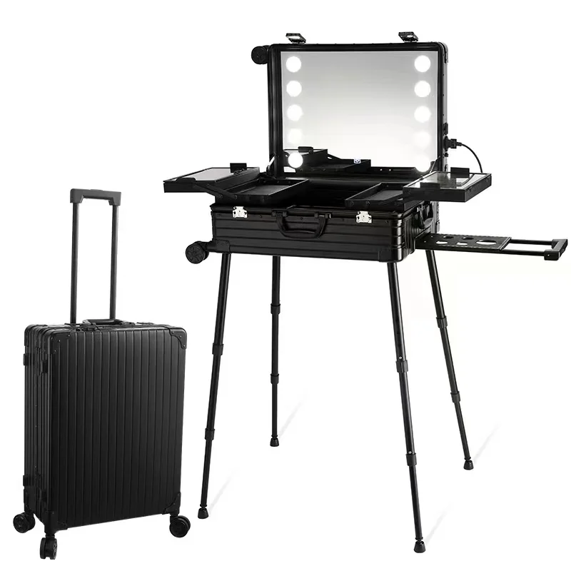 Aluminum-magnesium alloy cosmetic case professional makeup artist with lamp Bluetooth glass mirror makeup artist special.