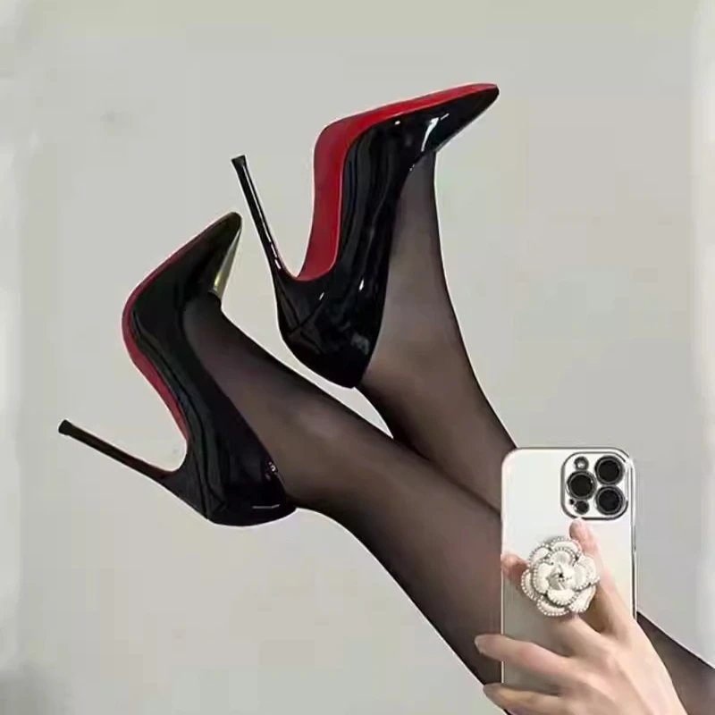 Escarpins à talons hauts en cuir verni à bout pointu, style sexy et élégant, avec semelle rouge, pour soirée, classiques noirs, pour le travail